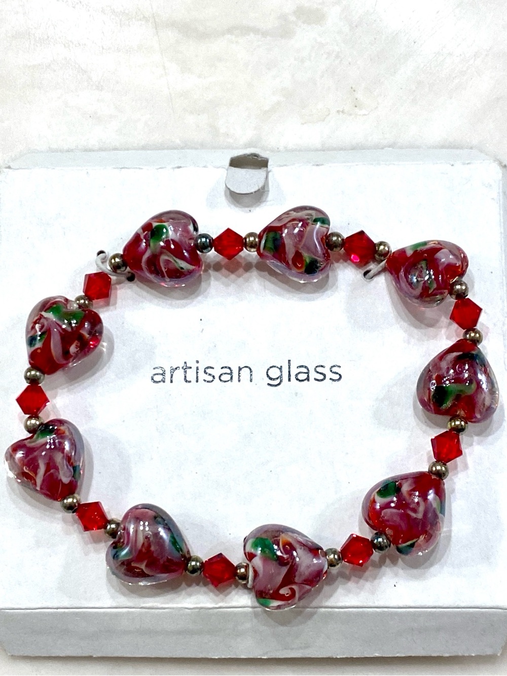 Artisan Glass Red Heart Lampwork Murano Style Millefiori Stretch Bracelet New